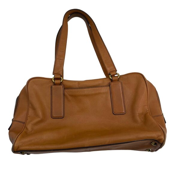 Fossil Leather Satchel Bag Camel Brown Zipper Closure Dual Handle Pre-Owned - Picture 2 of 7